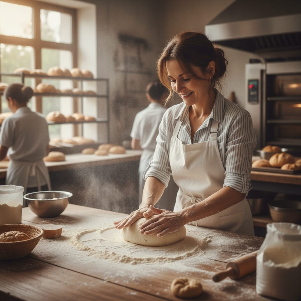 A bakery owner kneads dough on a floured wooden counter in a small kitchen.