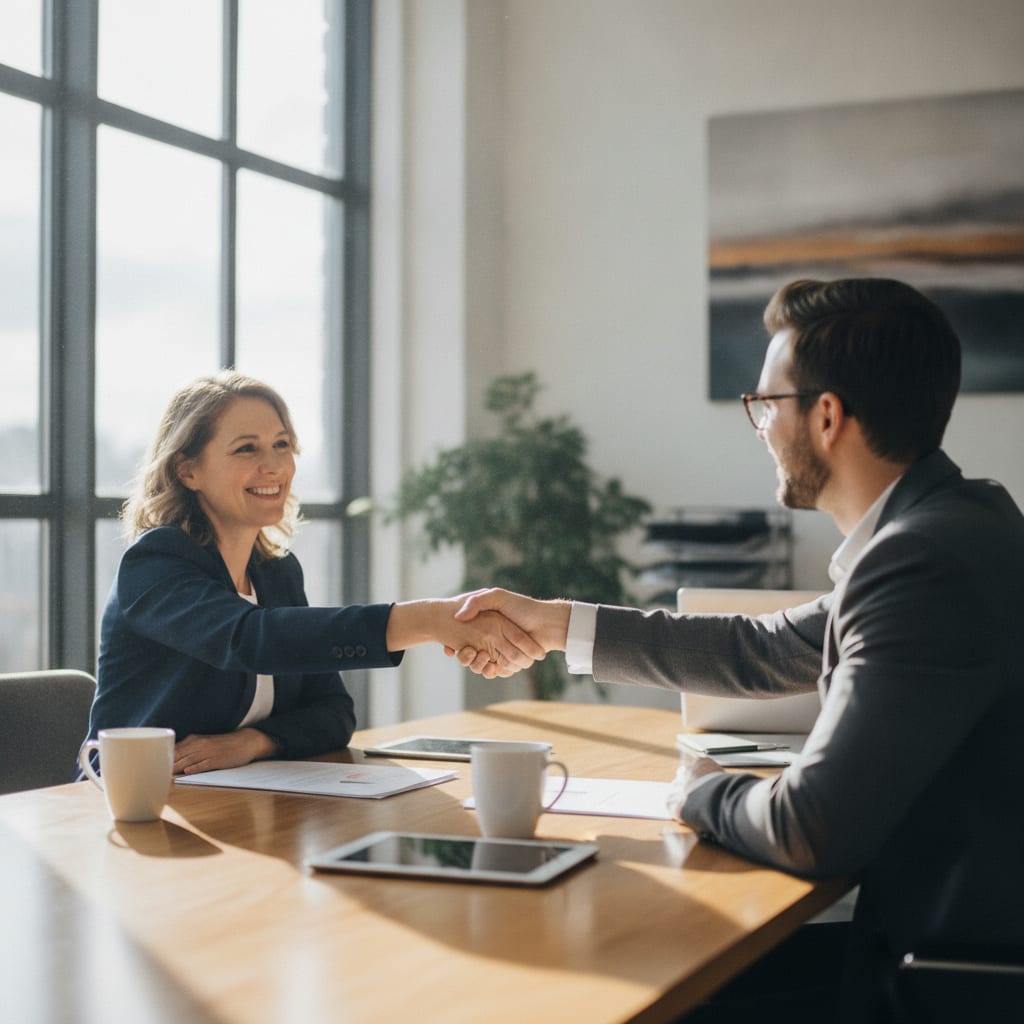 A business owner and a consultant shake hands across a wooden table in a sunlit office.
