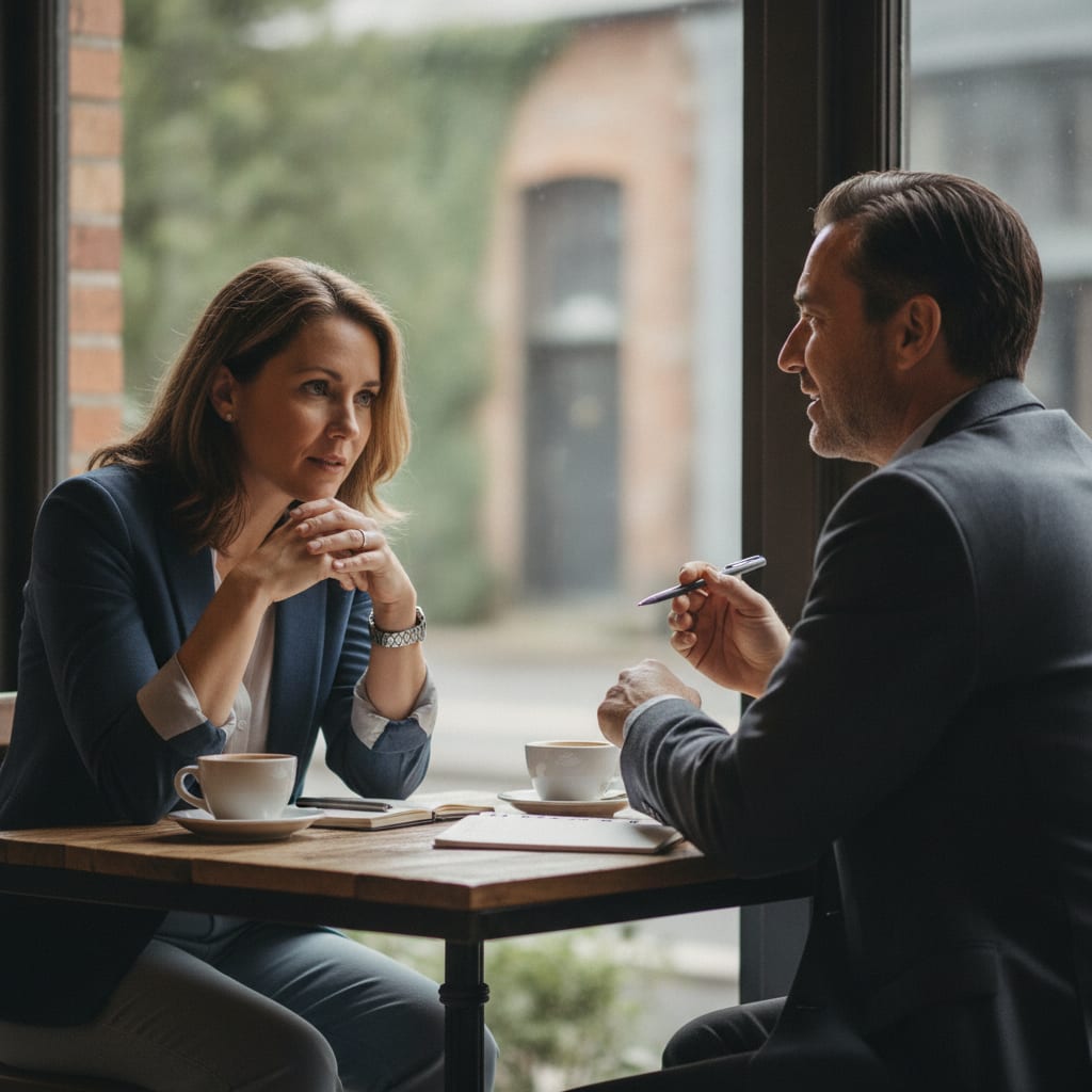 A business owner and an executive coach sit facing each other in a quiet office, leaning in during a focused conversation.