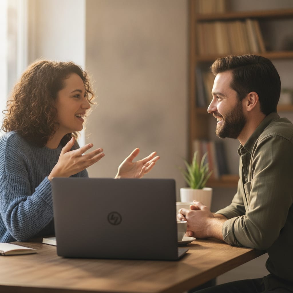 A closed laptop rests on a desk next to two people talking directly with each other in an office.