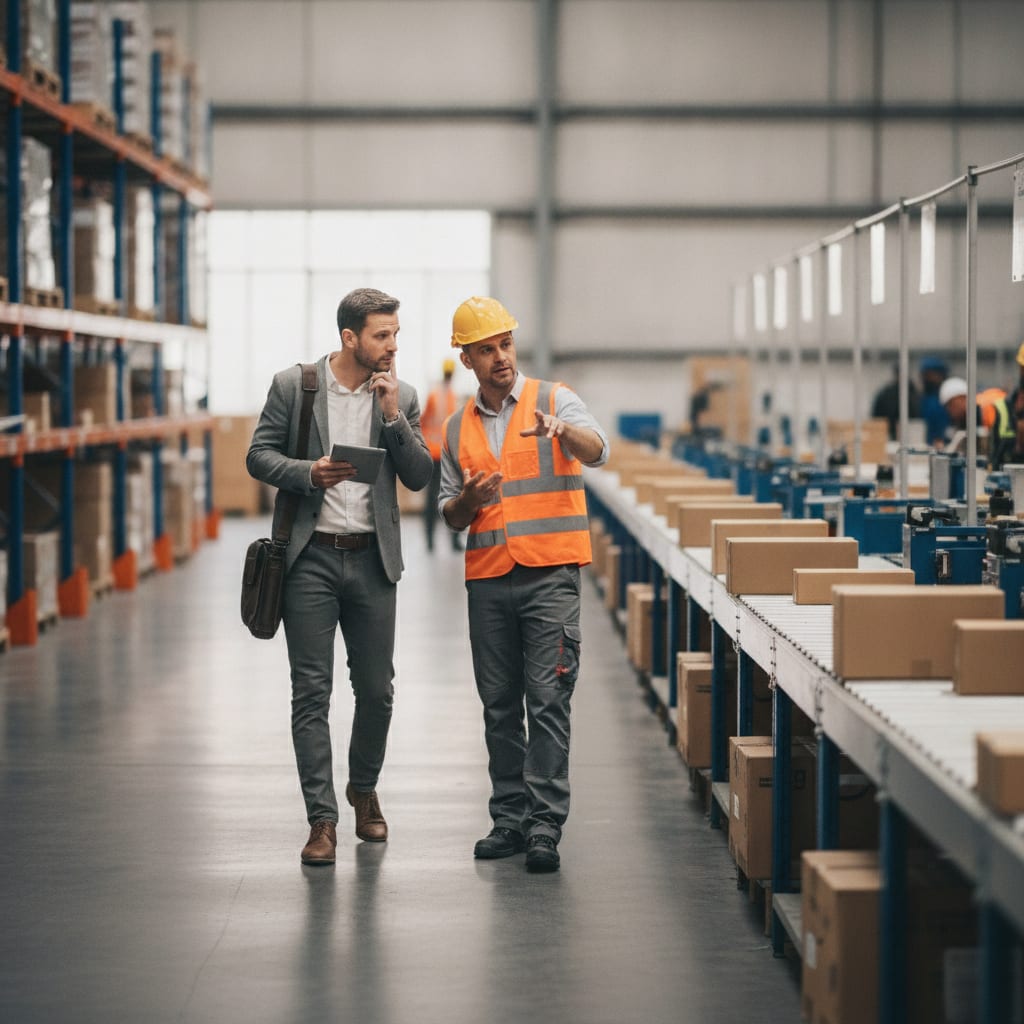 A consultant listens while an operations employee in a safety vest points out packing stations on a warehouse floor.