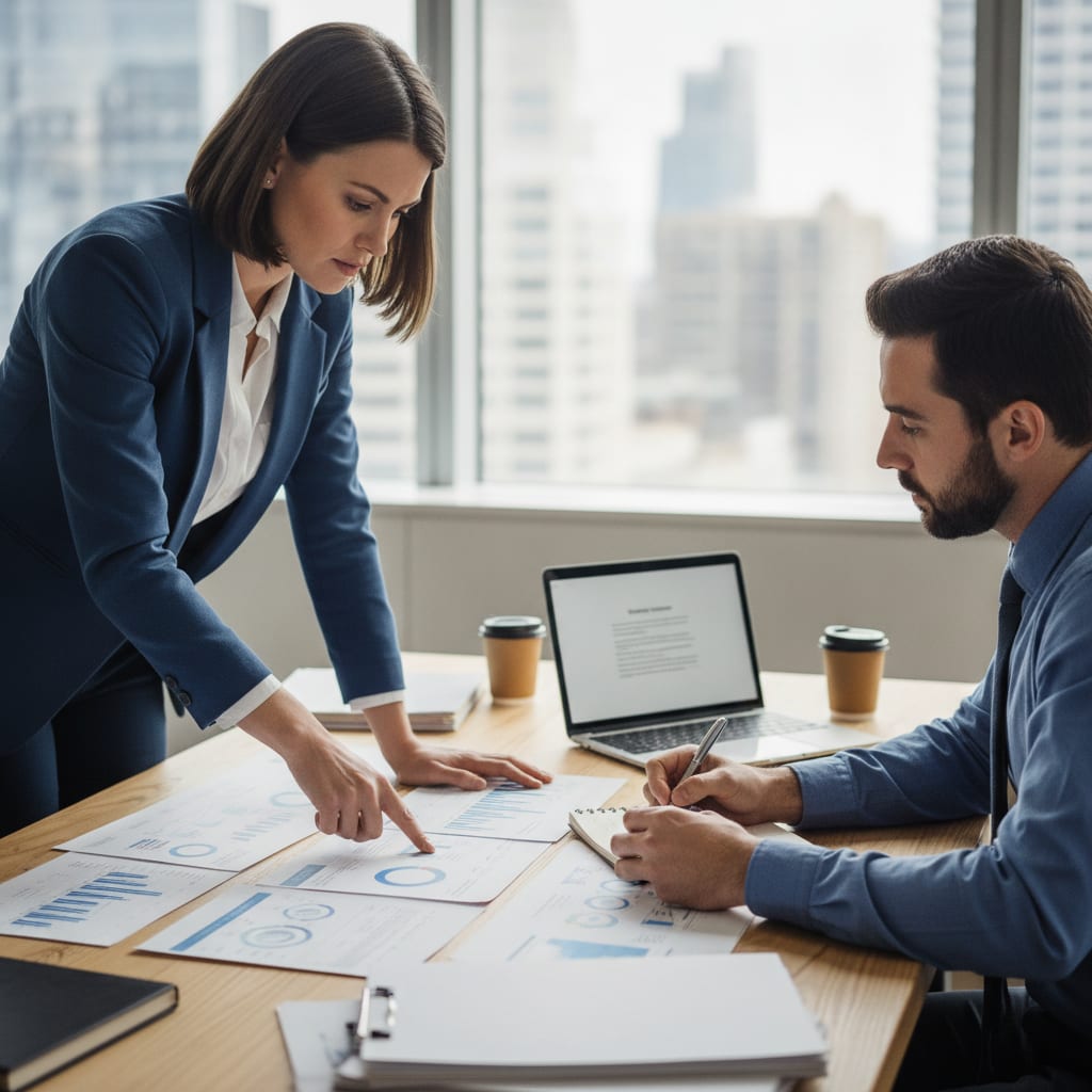 A consultant points to something on a desk while a founder listens and writes notes.