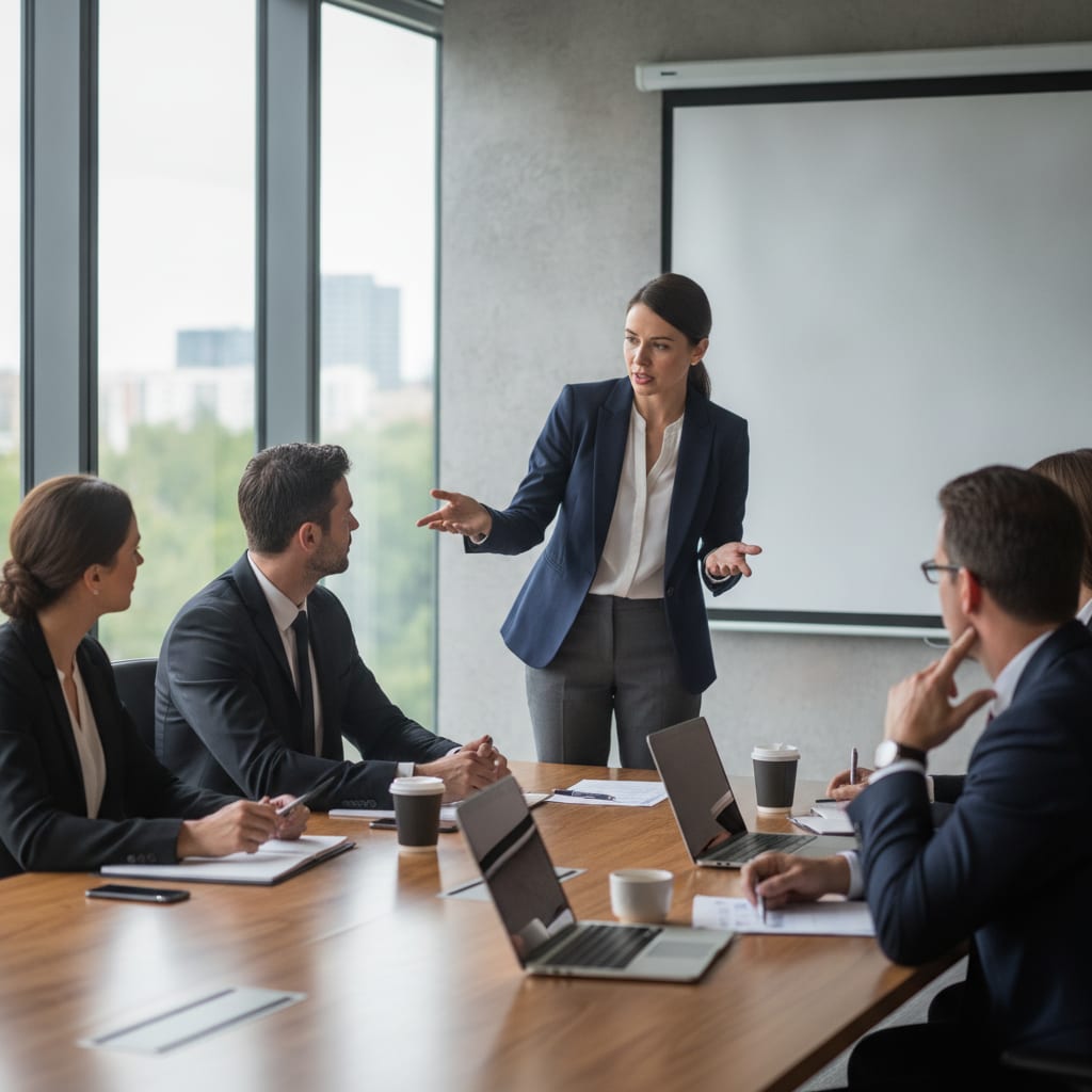 A consultant speaking to a seated group of business executives in a meeting room.