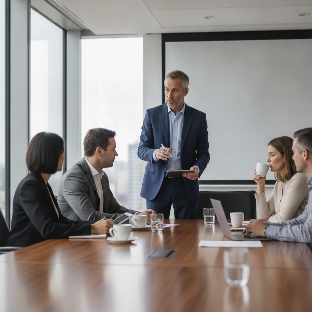 A consultant standing and speaking while gesturing with their hands to a group of seated executives around a conference table.