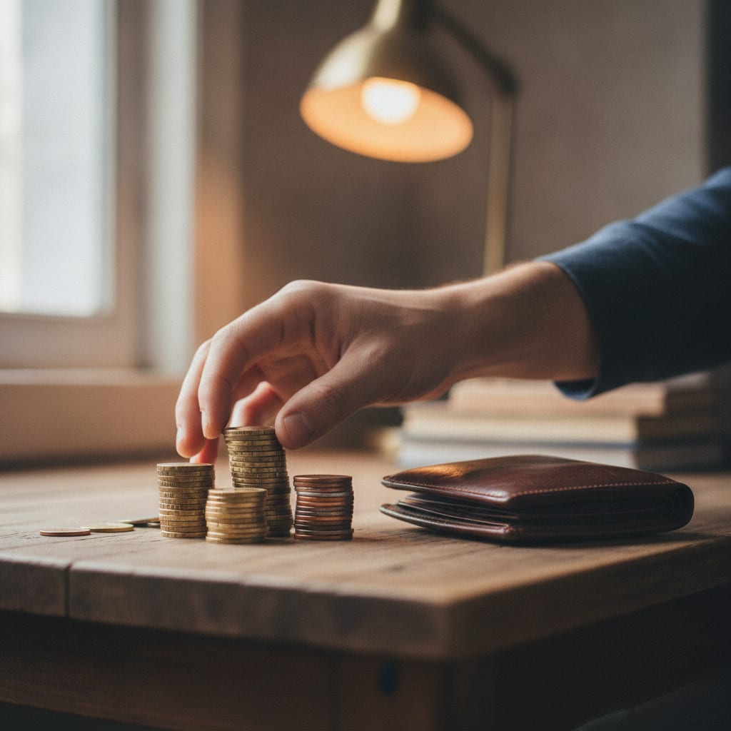 A hand arranges coins into neat stacks on a desk next to a closed wallet.