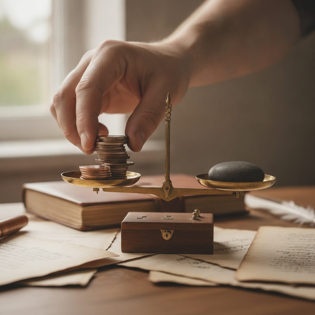 A hand setting coins onto one pan of a small balance scale resting on a desk.