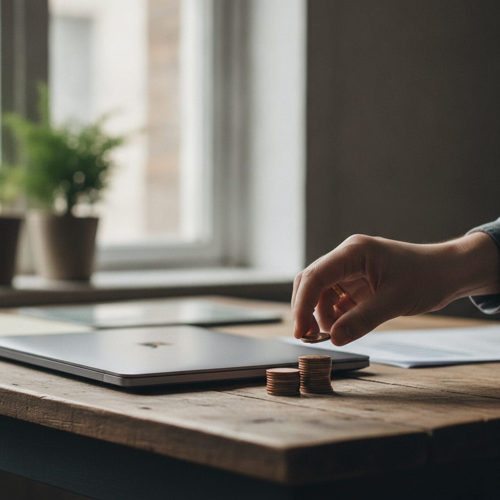 A hand stacking coins on a wooden desk next to a closed laptop computer.