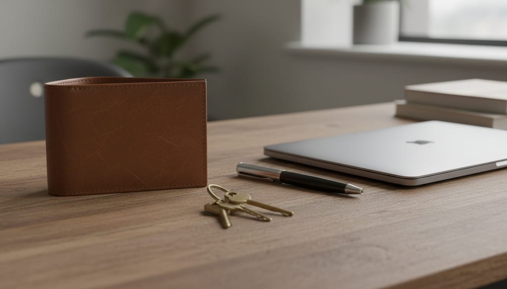 A leather wallet, a pen, and a set of keys arranged on a wooden desk next to a closed laptop.