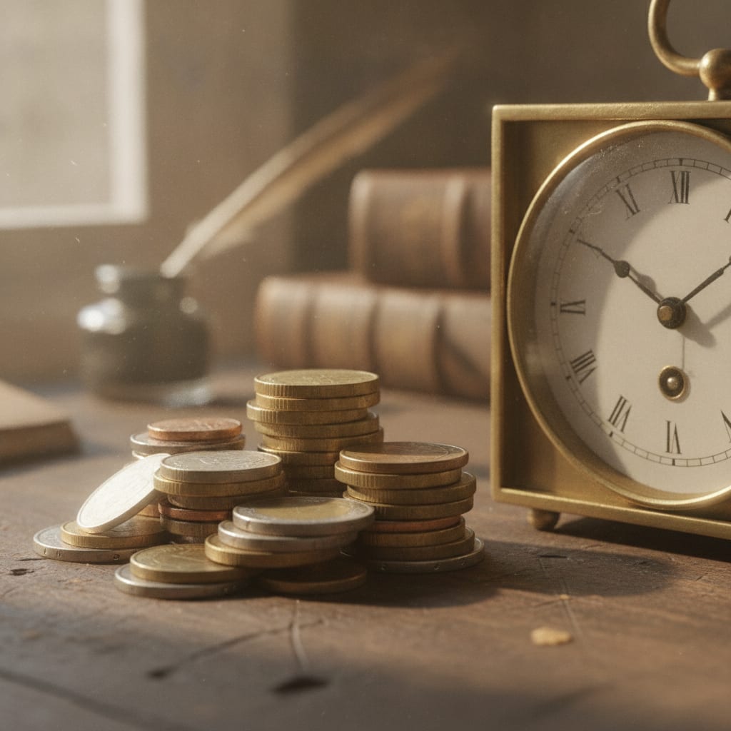 A neat stack of coins placed beside a small analog clock on a wooden desk.
