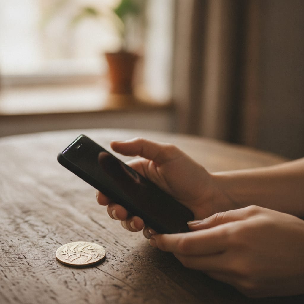 A pair of hands holding a smartphone with a dark, switched-off screen next to a physical coin on a table