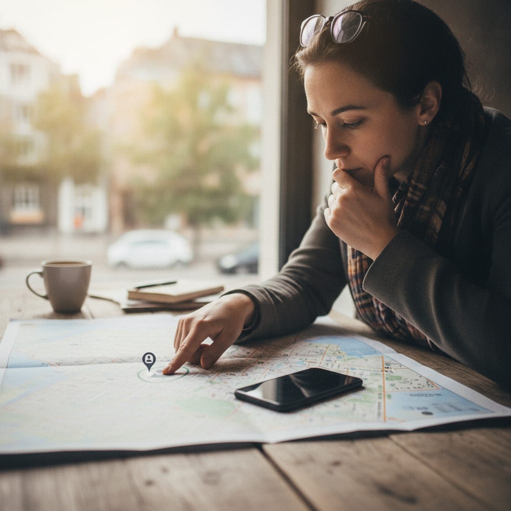 A person points at a paper map on a table while holding a smartphone face down beside it.