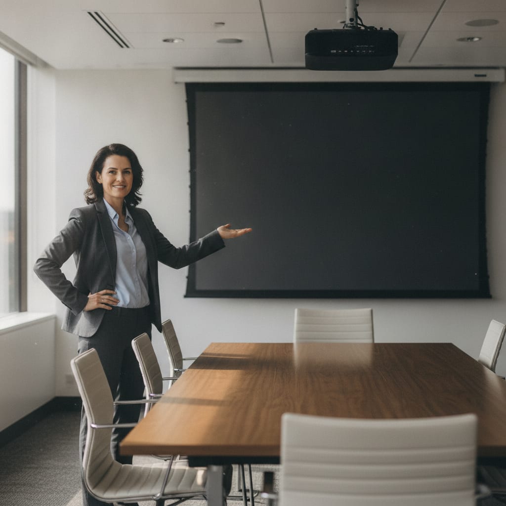 A person stands gesturing in front of a dark, switched-off projector screen in an empty meeting room.