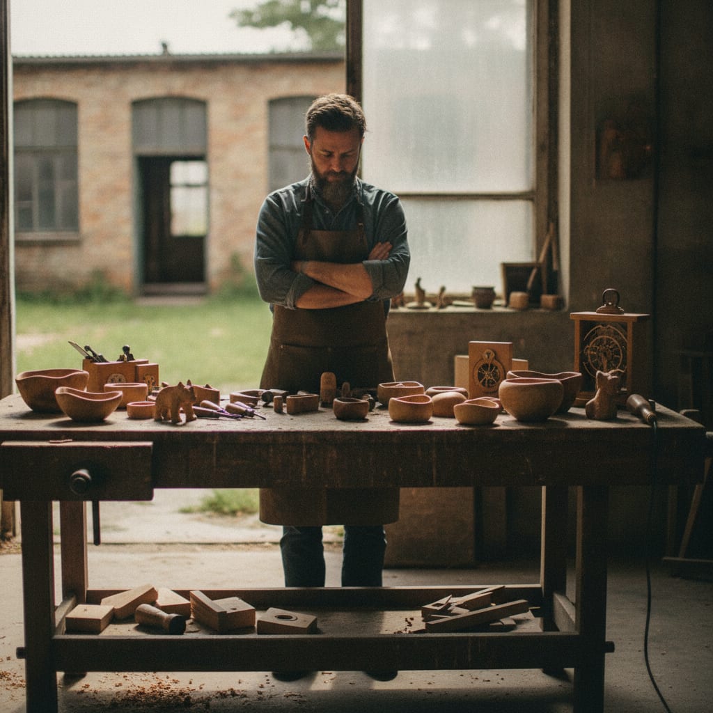 A small business owner stands at a workbench, looking thoughtfully at tools and finished products.