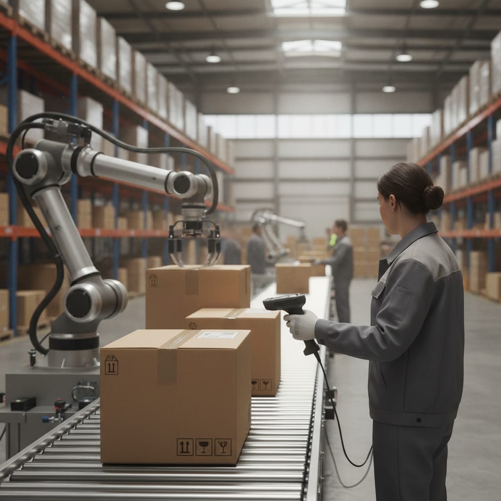 A warehouse employee standing near a conveyor belt and robotic arm, holding a handheld scanning device.