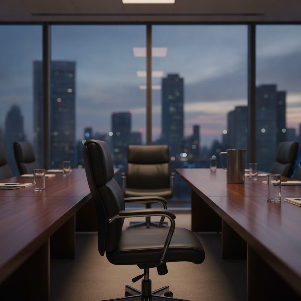 An empty leather chair at the head of a long conference table in a dimly lit glass office.