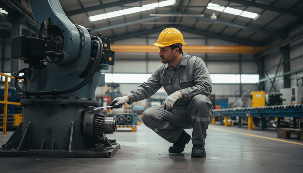 An engineer in a hard hat kneels next to a stationary robotic arm on a factory floor, holding a wrench.
