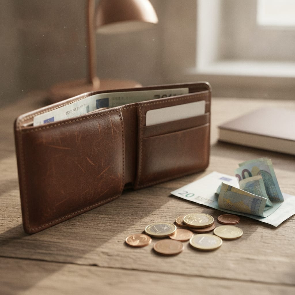 An open wallet on a desk with some cash and coins placed next to it.