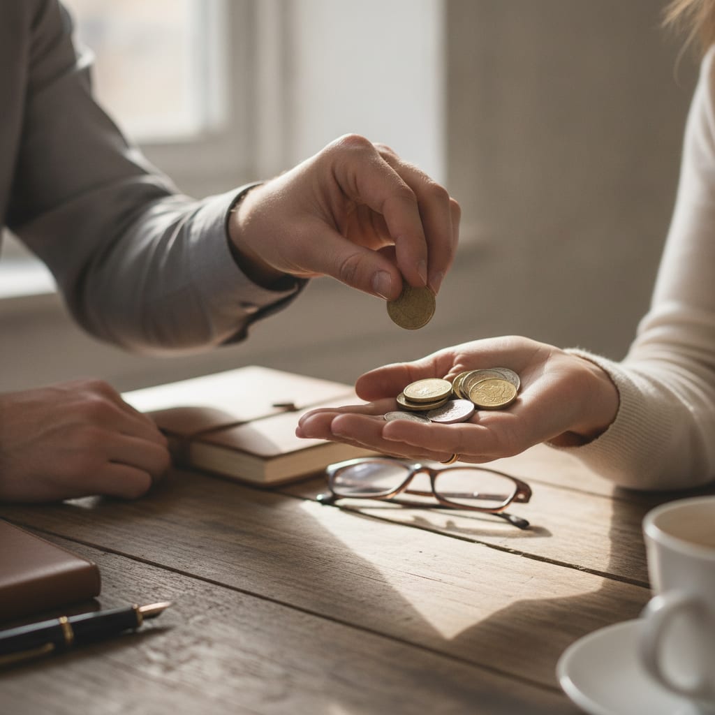 Close-up of one hand placing a stack of coins into another person's open hand over a desk.