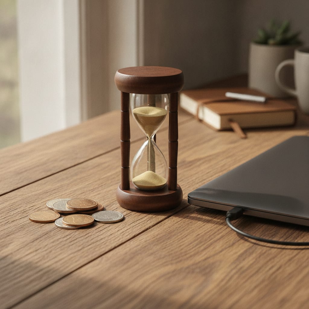 Coins and an hourglass rest next to a closed laptop on a desk.