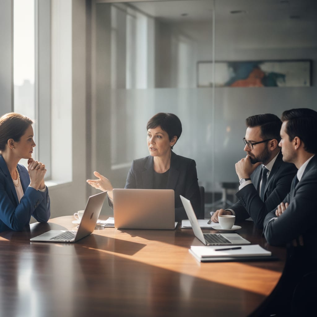 Four people in business attire talk around a meeting table, one gesturing as the others listen attentively.