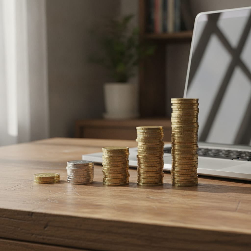 Four stacks of coins of increasing height sitting on a desk beside a closed laptop.