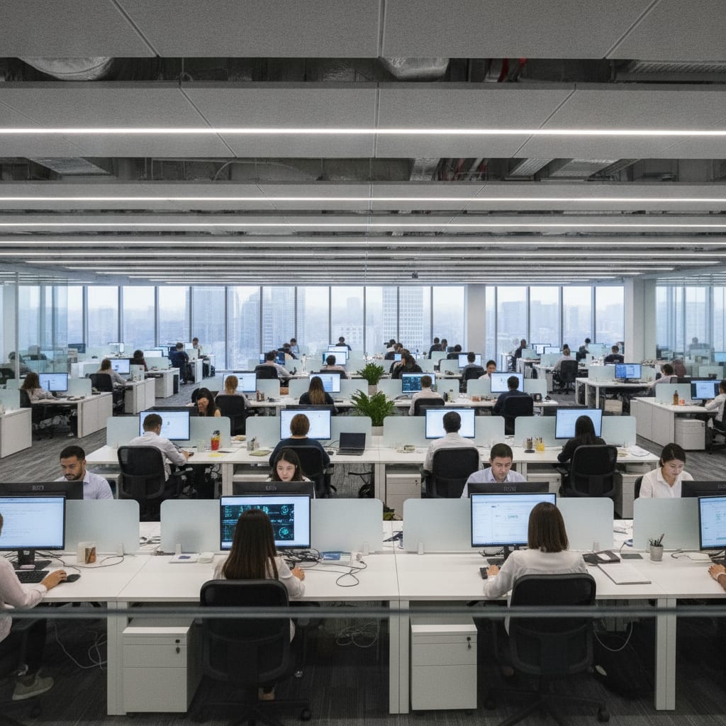 Rows of consultants working at desks across a large open-plan corporate office.