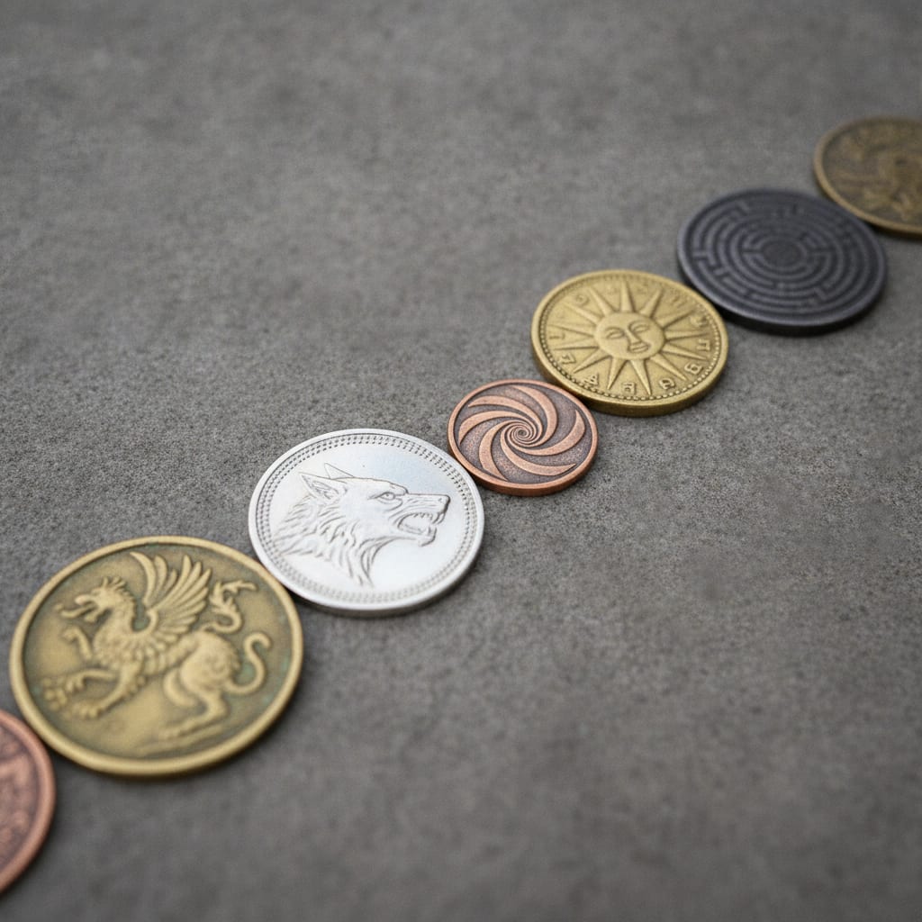 Several distinct metallic coins of different colors and sizes arranged in a row on a flat surface