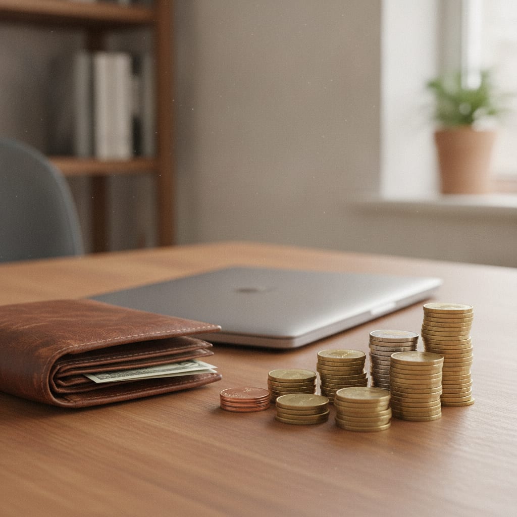 Stacks of coins of varying heights next to a leather wallet and a closed laptop on a desk.