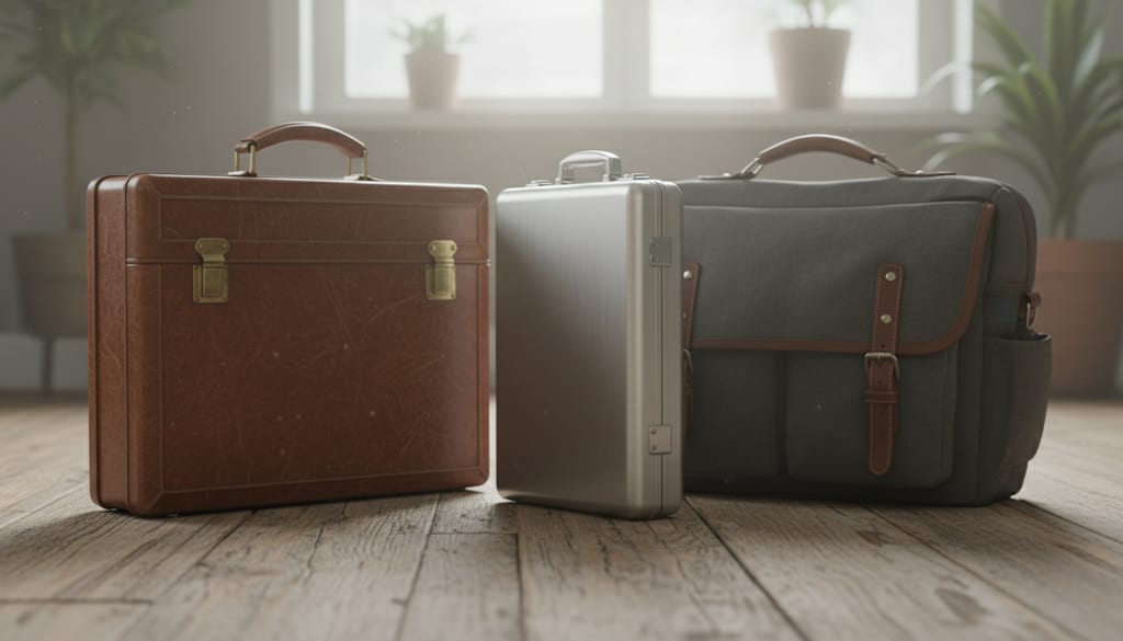 Three different styles of briefcases placed in a row on a wooden floor.