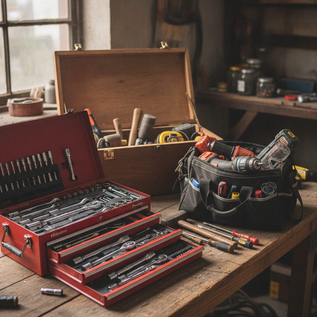 Three open toolboxes on a wooden workbench, each filled with a distinct set of hand tools.
