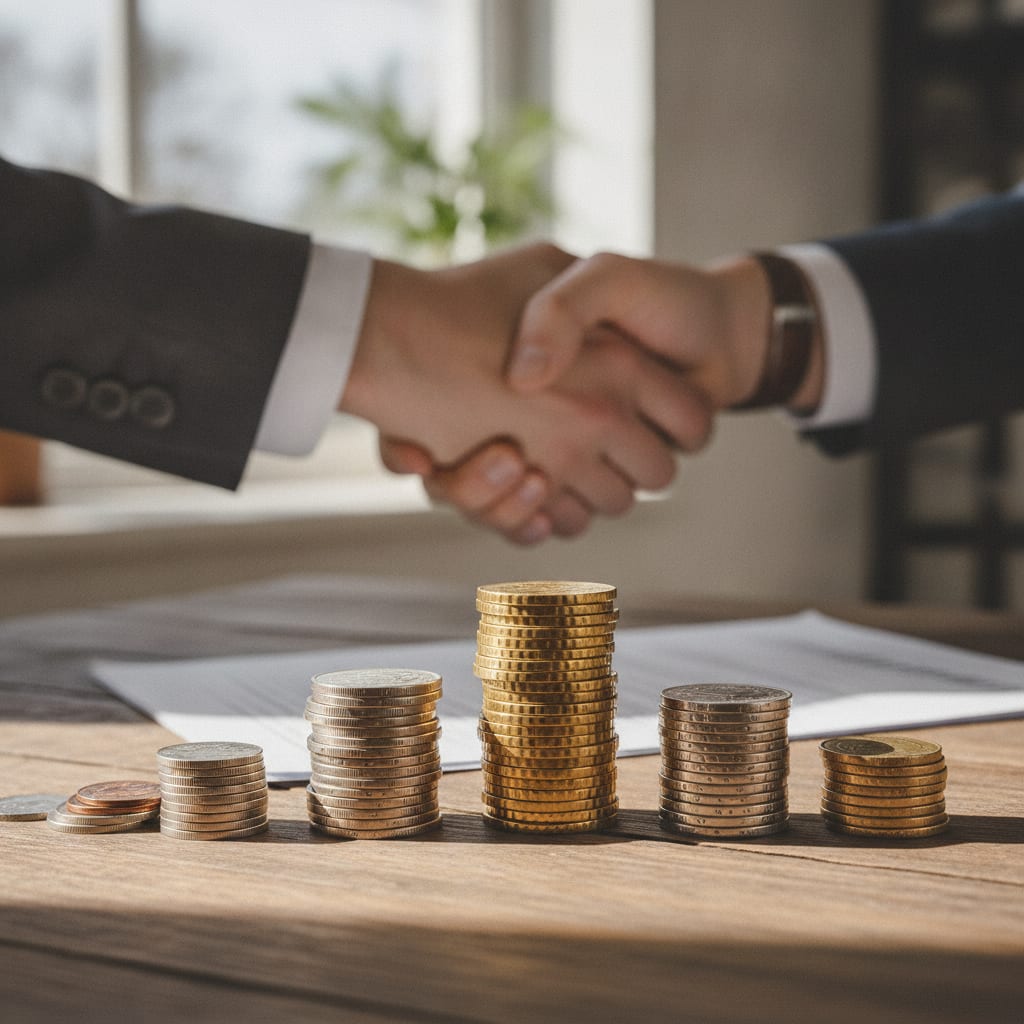 Three uneven stacks of coins rest on a desk next to two people shaking hands.