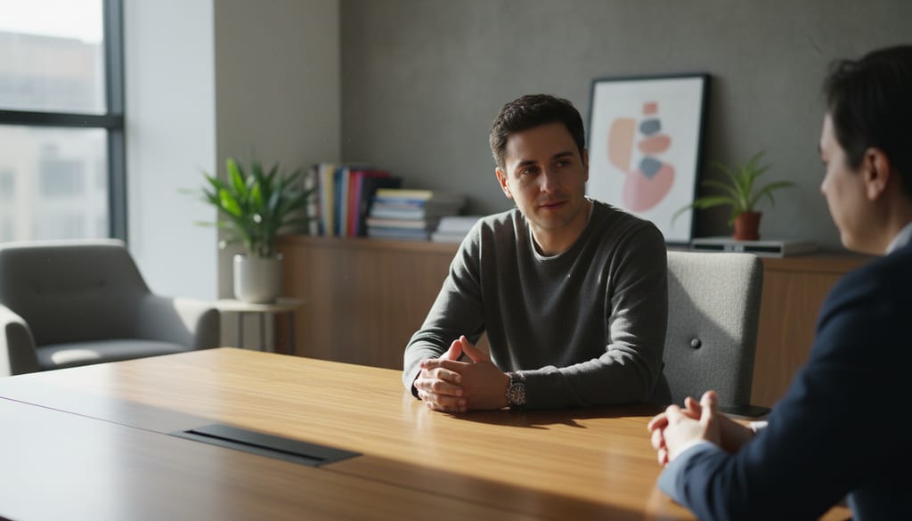 Two people seated across from each other in a quiet office having a private one-on-one conversation.