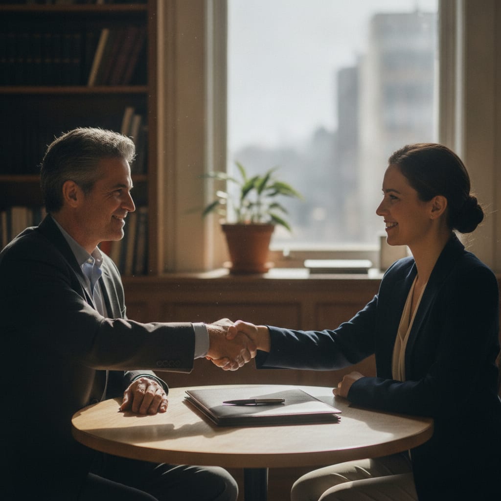Two people shake hands across a small office table beside a closed folder and a pen.