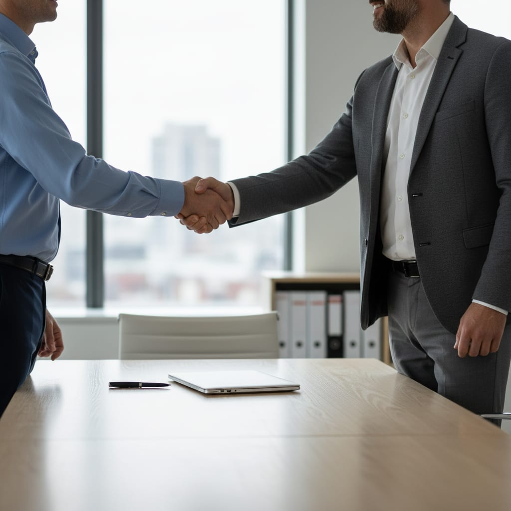 Two people shake hands across a table in a modern office, with a closed laptop and a pen resting on the table.