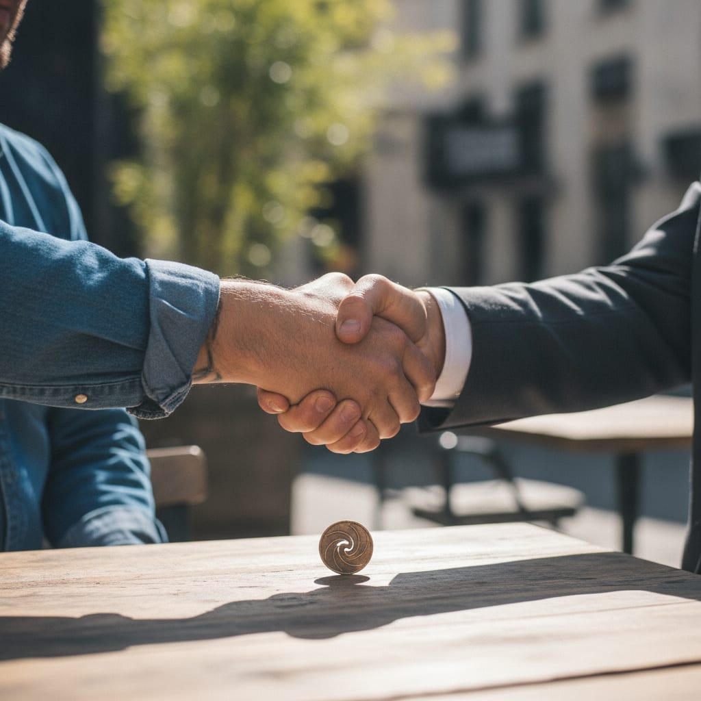 Two people shaking hands over a table with one coin resting on the surface between them